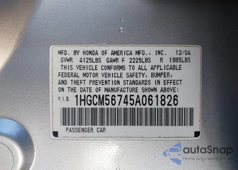 2005 Honda Accord 2.4 Ex z USA, uszkodzony, nr VIN 1HGCM56745A061826